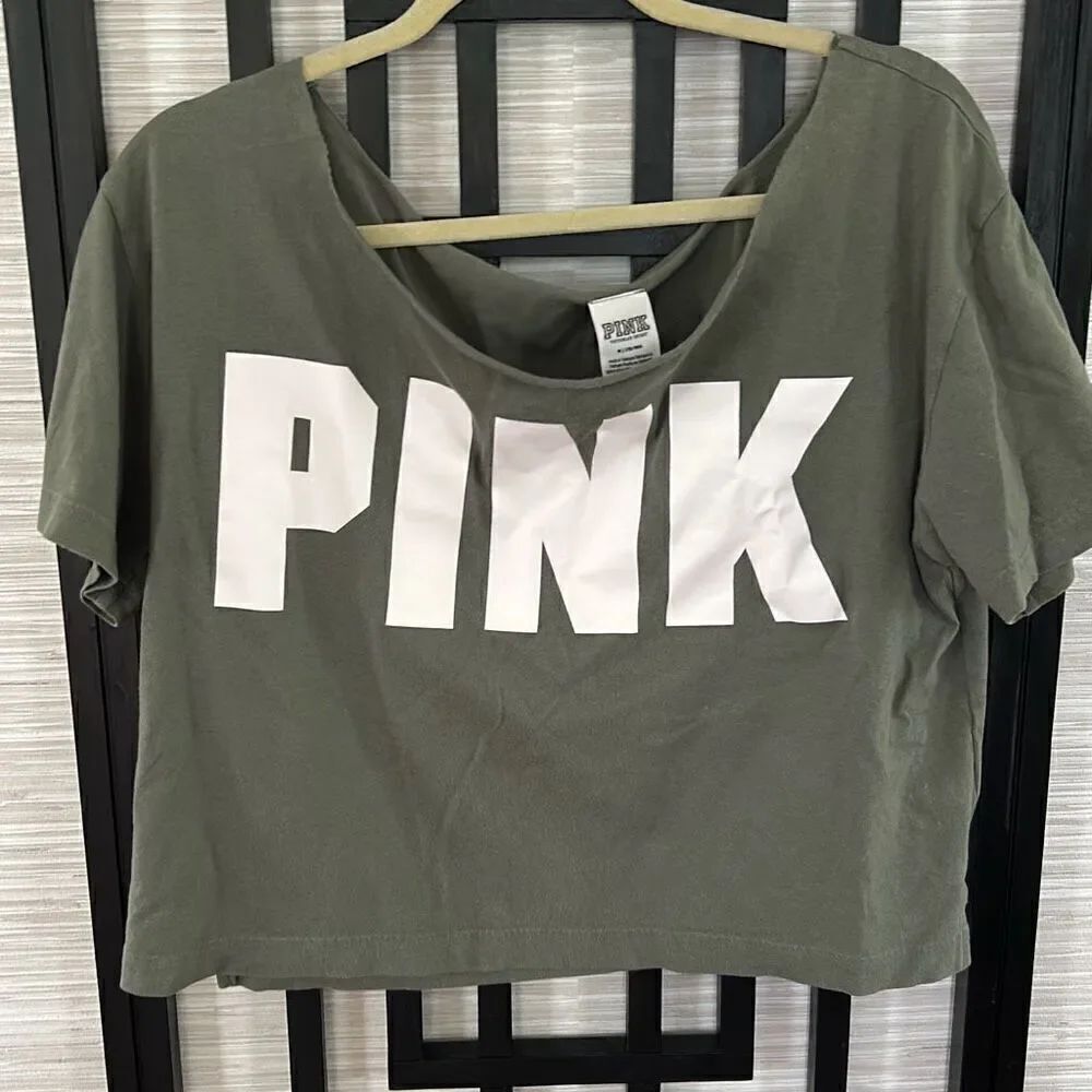 PINK Victoria's Secret olive cropped oversized T-shirt short sleeve size M
